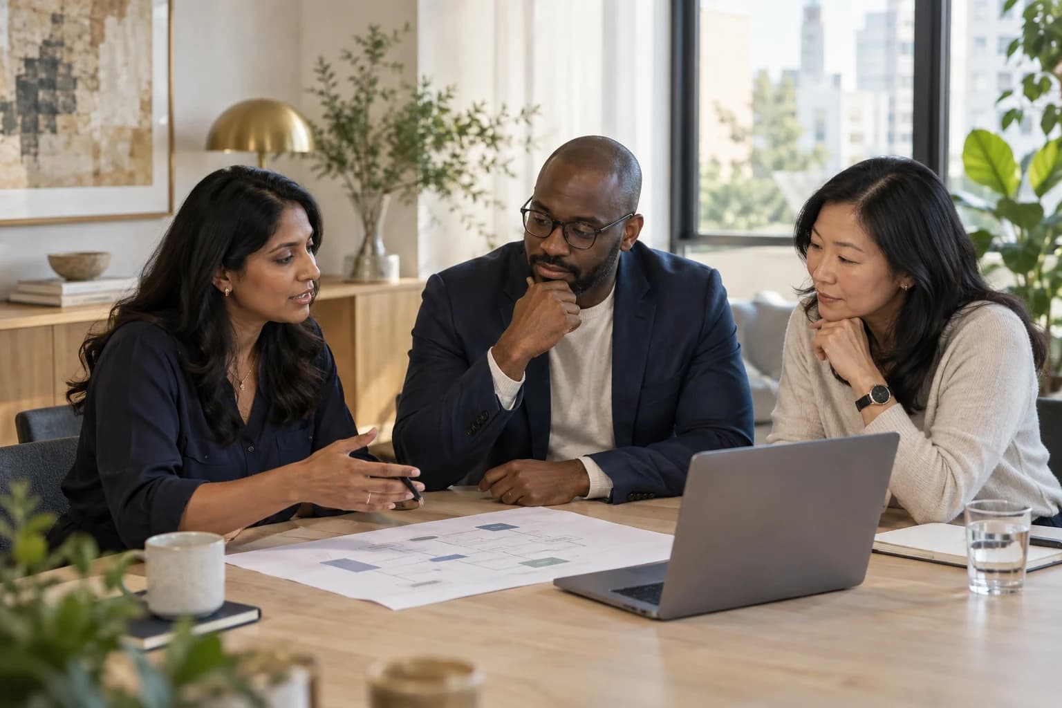 Illustrative workplace scene of three professionals discussing a payment plan.