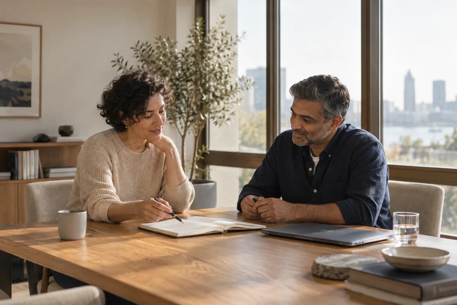 Illustrative workplace scene of two professionals working through a notebook together.